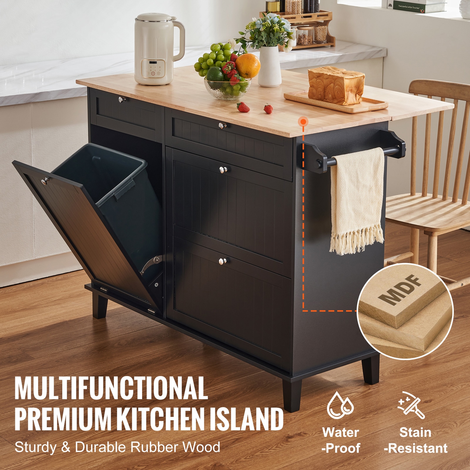 Kitchen Island Cart Storage Cabinet Serving With Drawer & Trash Cabinet_voghion.com
